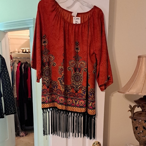 Bohemian Red Women's Top with Fringe - Picture 1 of 2